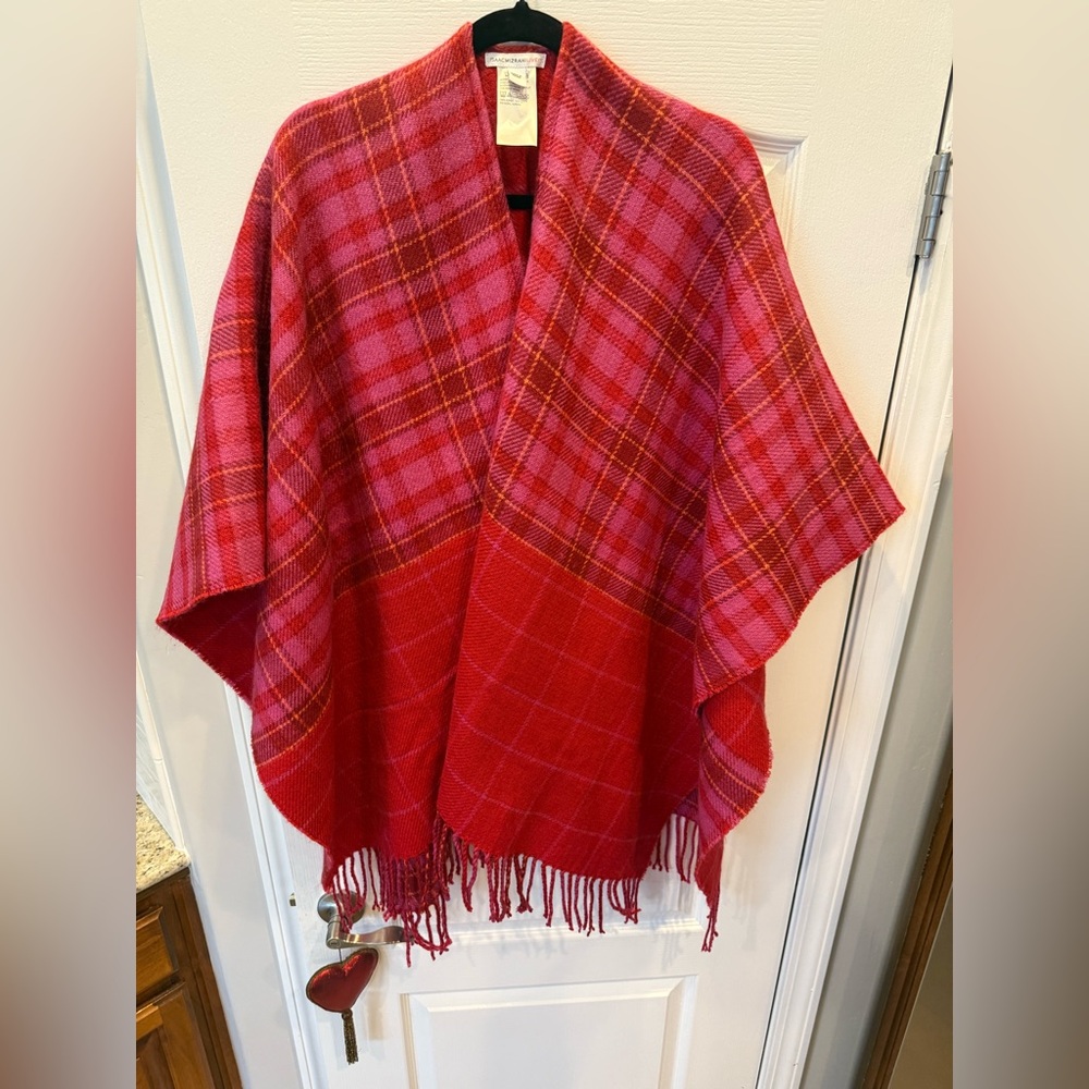 Isaac Mizrahi Plaid Ruana Wrap Red Pink Fringe Poncho Cape Cozy OS